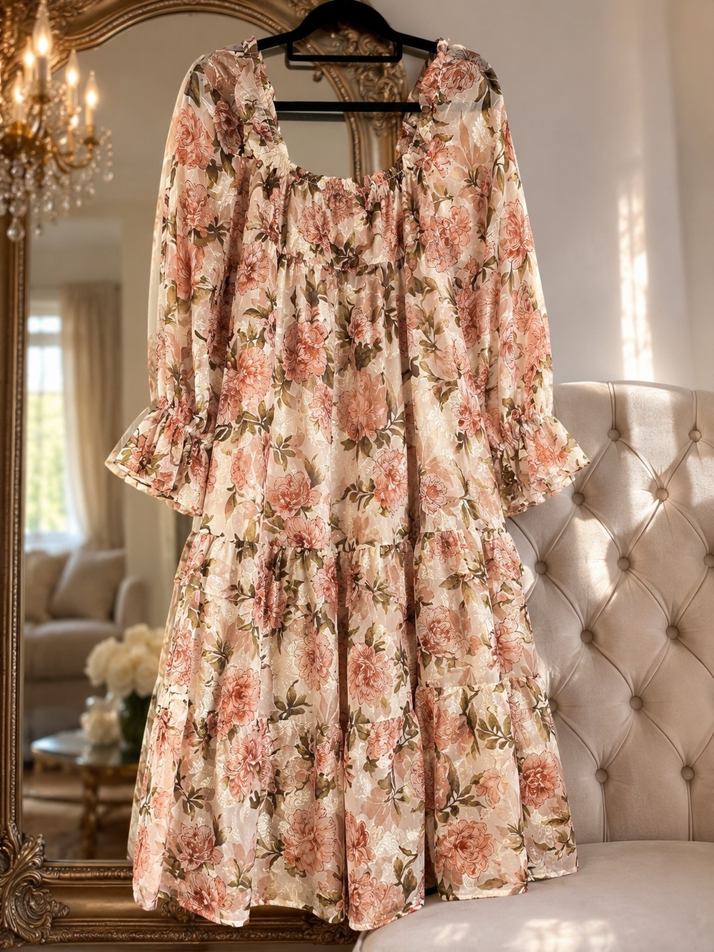 By the River Size L Floral Cottagecore Midi Dress Romantic Puff Sleeve Boho